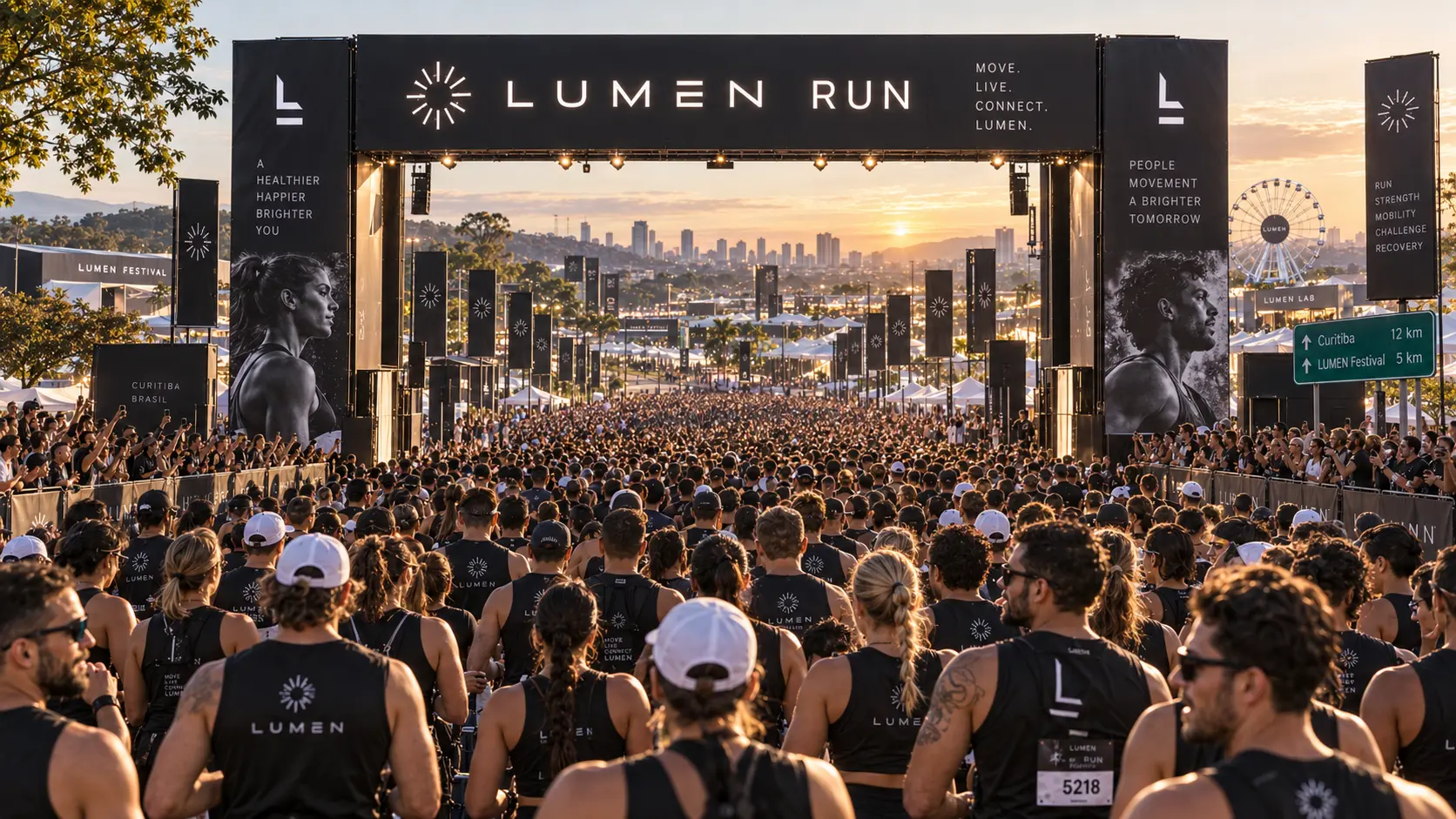 Largada da LUMEN RUN ao amanhecer — visualização conceitual