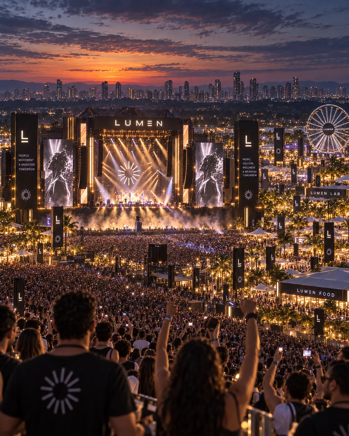 O mainstage da Cidade de LUMEN ao entardecer — visualização conceitual