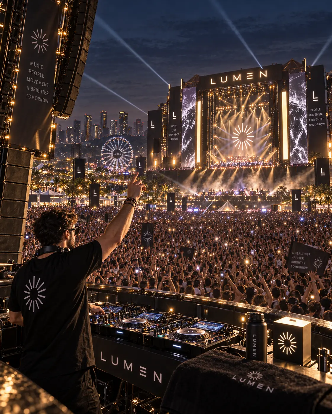 DJ no mainstage da Cidade de LUMEN — visualização conceitual