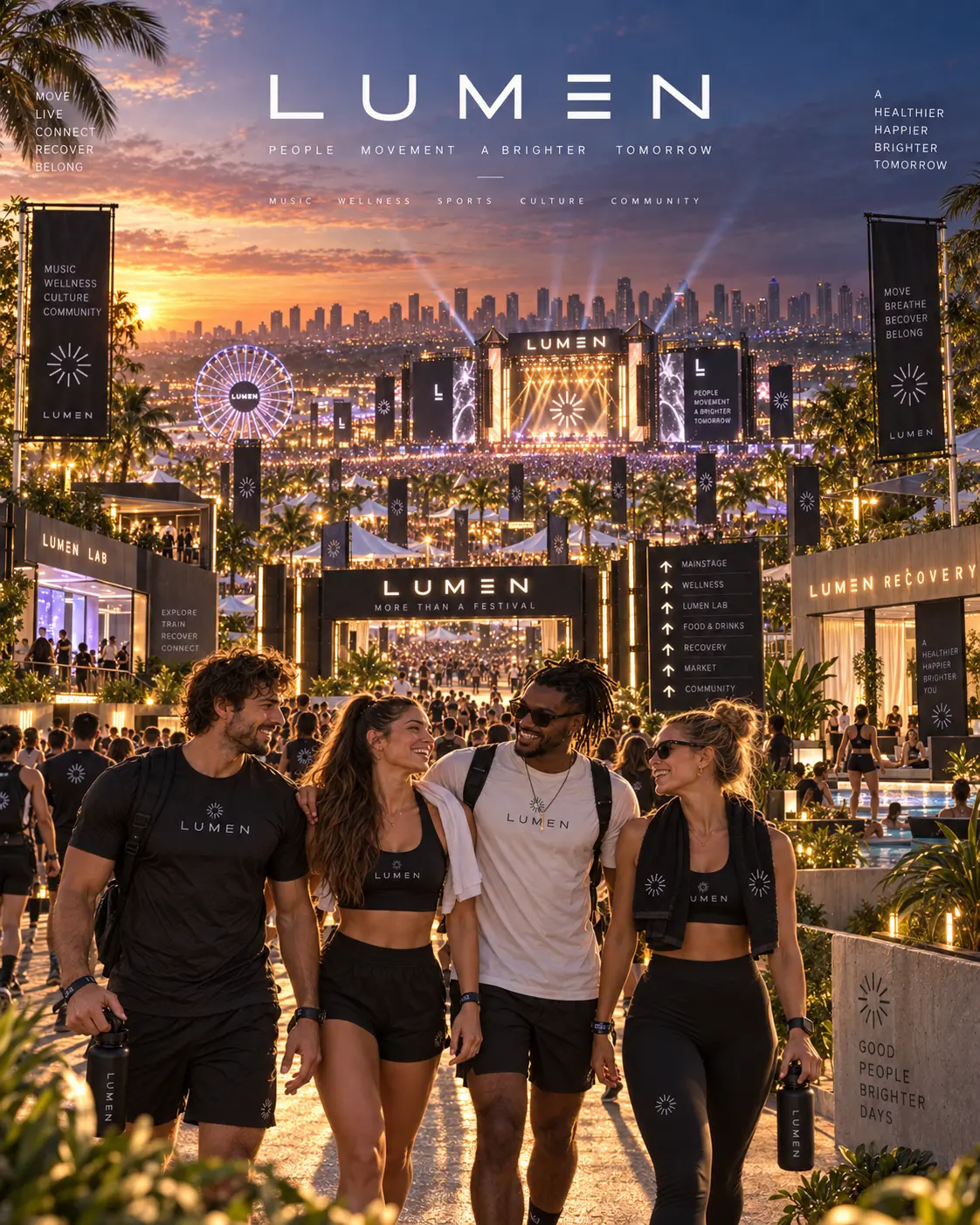 Visualização conceitual da Cidade de LUMEN ao entardecer — campanha principal LUMEN MOVE